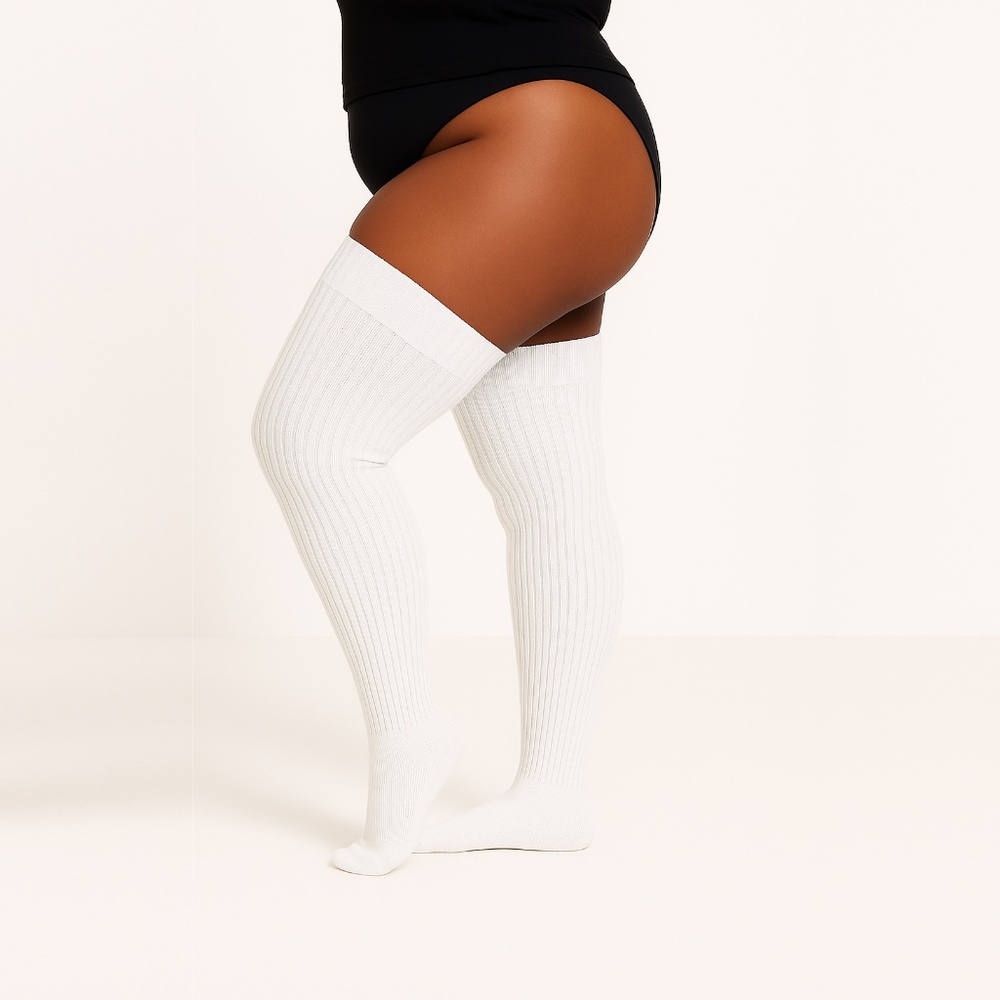 PLUS SIZE Thigh High Socks, White Women's Extra Long Over The Knee Stocking